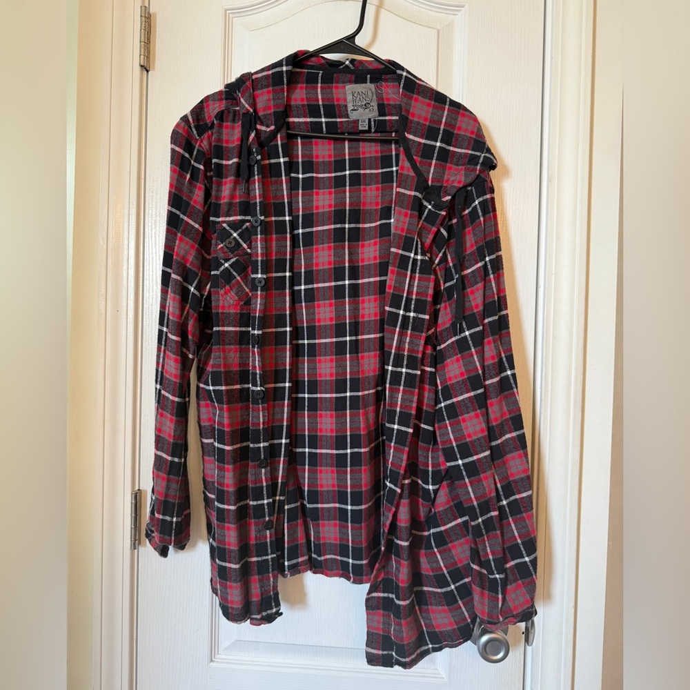 Kani jeans Red and Black Plaid Button-Up flannel hood